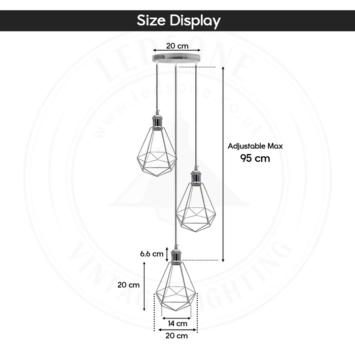 3 Head Round Chrome E27 Ceiling Hanging Light Cage Shade Metal Pendant Lamp