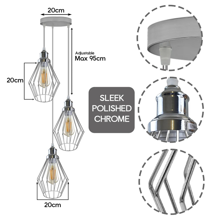 Chromen ronde plafondlamp met 3 koppen, verstelbare hangende lamp met E27 schroef
