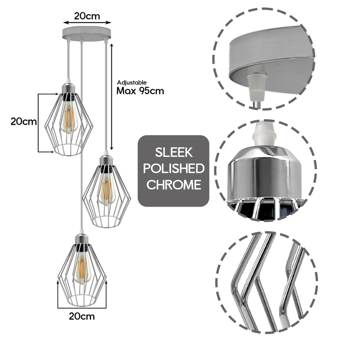 Chroom 3-koppige plafondlamp E27 Schroeflicht Verstelbare hangende schaduwarmatuur