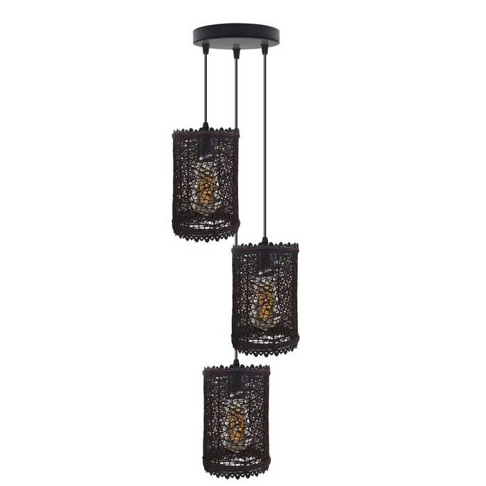 3 Head Round Rattan Ceiling Pendant Shade E27 cord Handmade Hanging Lights