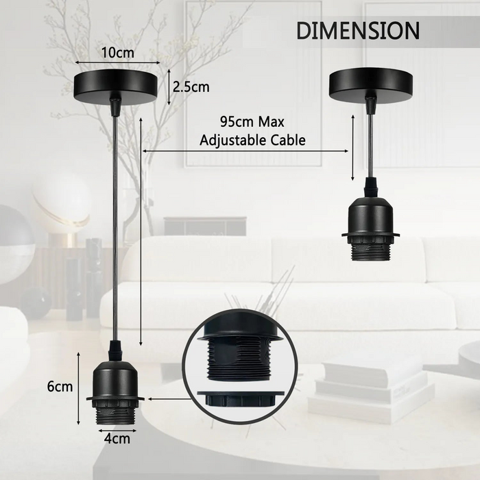 2 Pack Black Pendant, Lampshade E27 Lamp Holder Hanging Light,PVC Cable