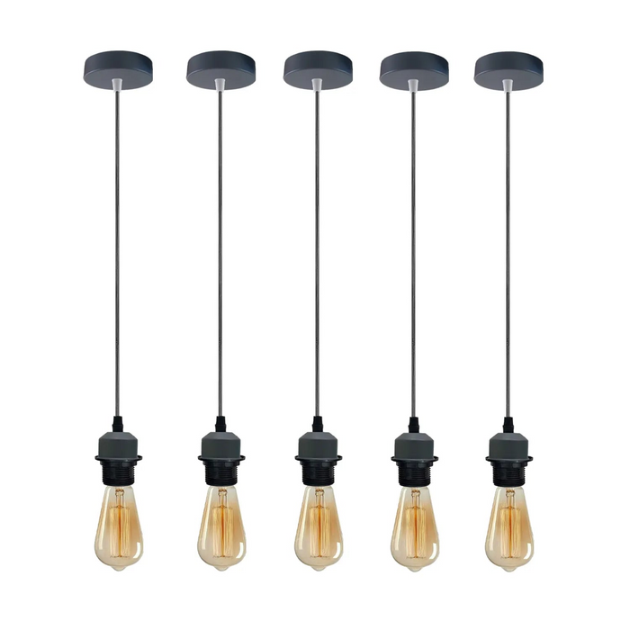 5-delige grijze hanglamp, E27 lamphouder, plafondhanglamp, PVC-kabel