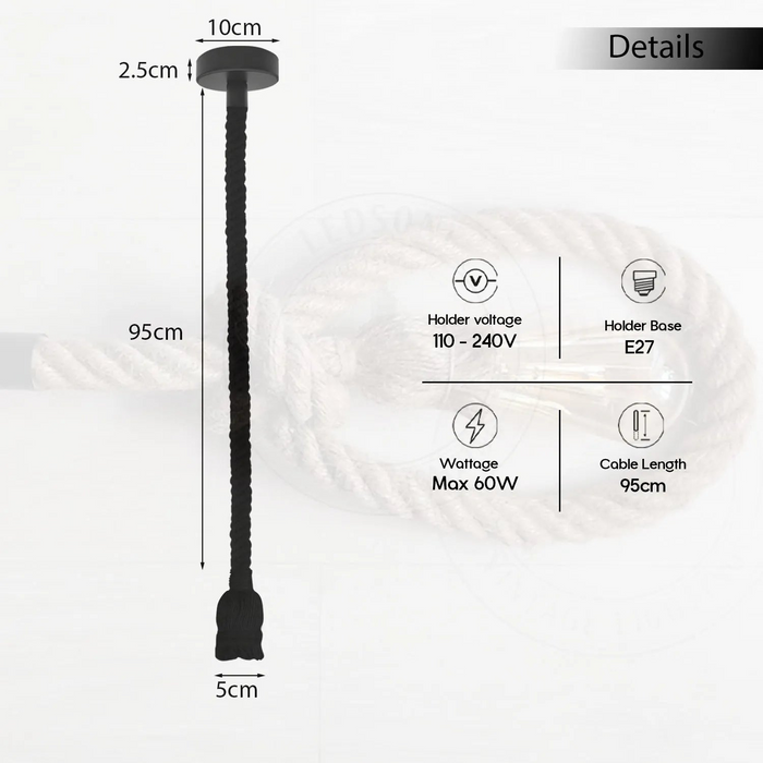 Ceiling Pendant Light 1m Black Colour Hemp Rope,E27 Suspension Lamp Holder