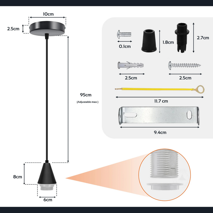 2 stuks koperen E27 kegelhangerhouder, zwarte PVC-kabel, 1 m hangerset, plafondrozet