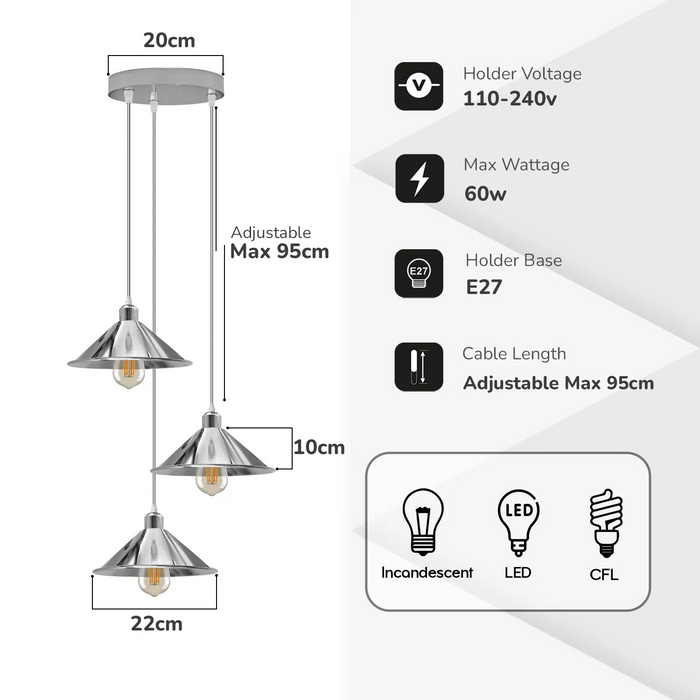 3-kops rond chroom hanglampsnoer E27 gegalvaniseerd metaal, lampenkap
