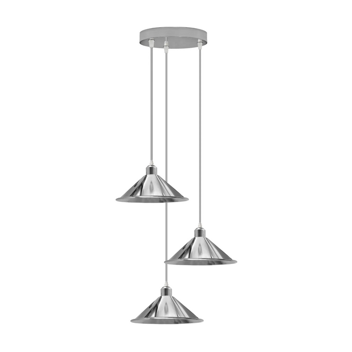 3-kops rond chroom hanglampsnoer E27 gegalvaniseerd metaal, lampenkap