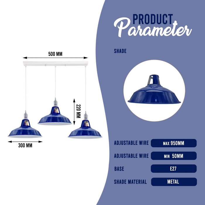 Navy Blue 3 Fittings Ceiling Barn-slotted Metal E27 Pendant Lamp Fixture