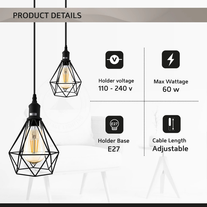 E27 plafondlamp metalen open lampenkap, hangende verstelbare kabel van 95 cm