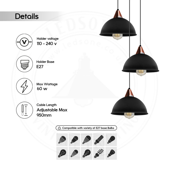 E27  Black Round Three Outlet 21cm Dome Pendant Retro Ceiling Light Shade