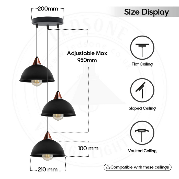 E27  Black Round Three Outlet 21cm Dome Pendant Retro Ceiling Light Shade