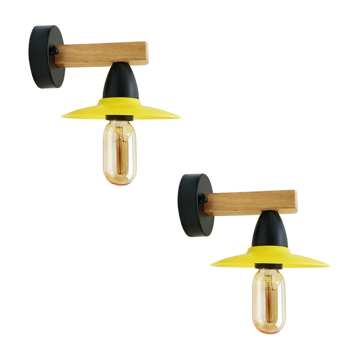 2Pack Yellow LED Wall Light Sconce Wood,15cm Lamp Shade,E27 Lamp Holder