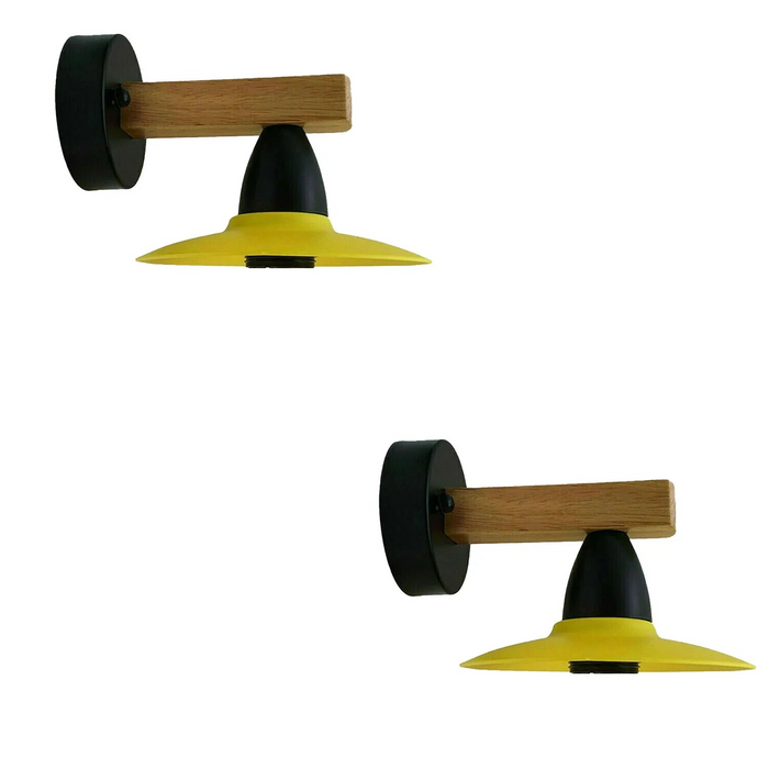 2Pack Yellow LED Wall Light Sconce Wood,15cm Lamp Shade,E27 Lamp Holder