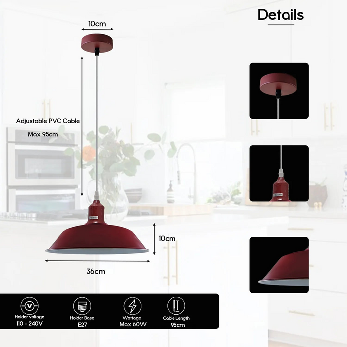 Hanging Burgandy Pendant Ceiling Lamp,Metal Shade Lighting E27 Pendant Light