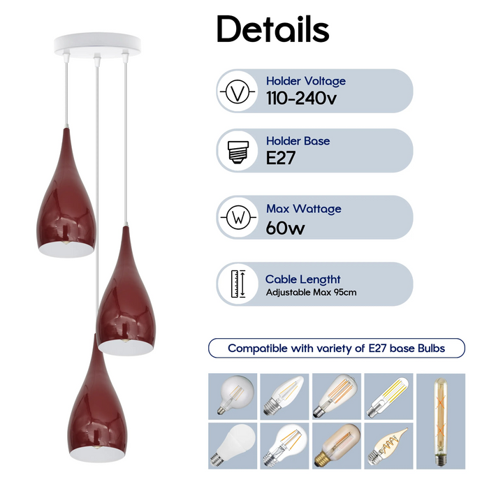 3-koppige moderne metalen E27 bordeauxrode druppelvormige hanglamp, hangend lichtarmatuur