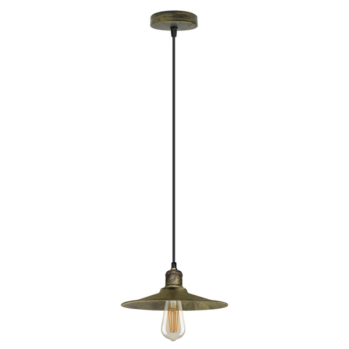 Brushed Brass Ceiling Pendant Light E27 Flat Cone Metal Shade Hanging Light