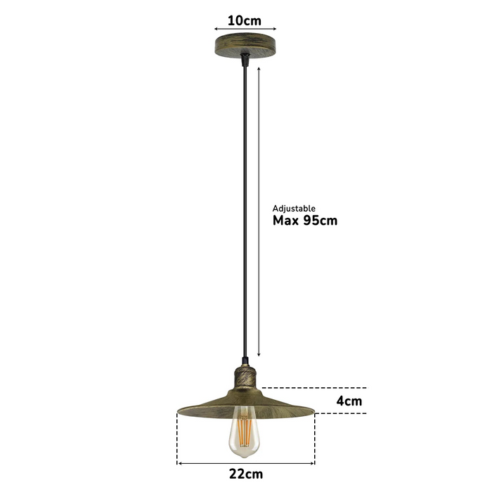 Brushed Brass Ceiling Pendant Light E27 Flat Cone Metal Shade Hanging Light