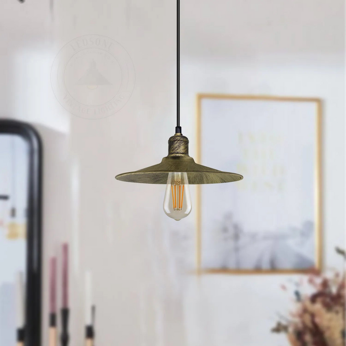 Brushed Brass Ceiling Pendant Light E27 Flat Cone Metal Shade Hanging Light