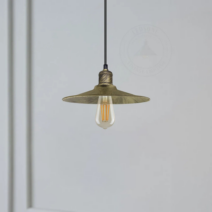 Brushed Brass Ceiling Pendant Light E27 Flat Cone Metal Shade Hanging Light