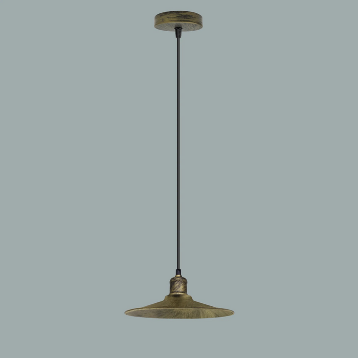 Brushed Brass Ceiling Pendant Light E27 Flat Cone Metal Shade Hanging Light