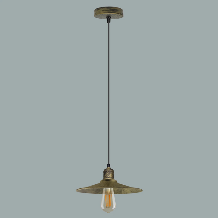 Brushed Brass Ceiling Pendant Light E27 Flat Cone Metal Shade Hanging Light