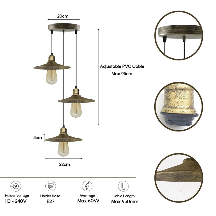 3 Head Brushed Brass Ceiling Pendant Light Metal Shade 22cm E27 Hanging Light