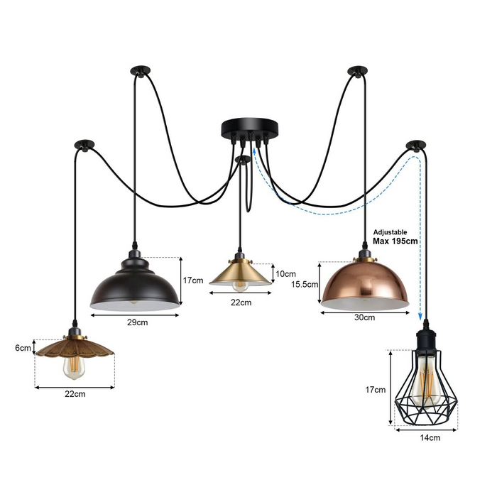 Vintage plafond hanglamp lampenkap industriële kroonluchter Spider Lamp