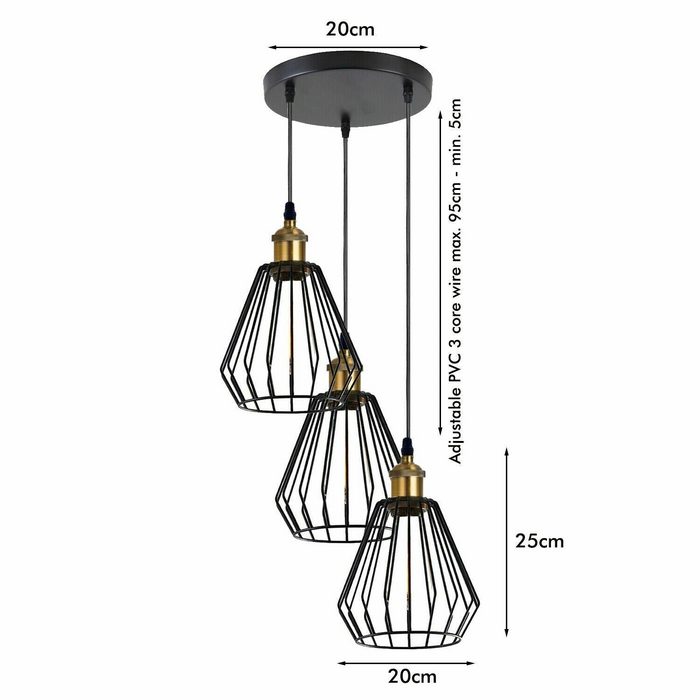 3 Head Pendant Light  Wire Cage Shade, Diamond Cage Black Hanging