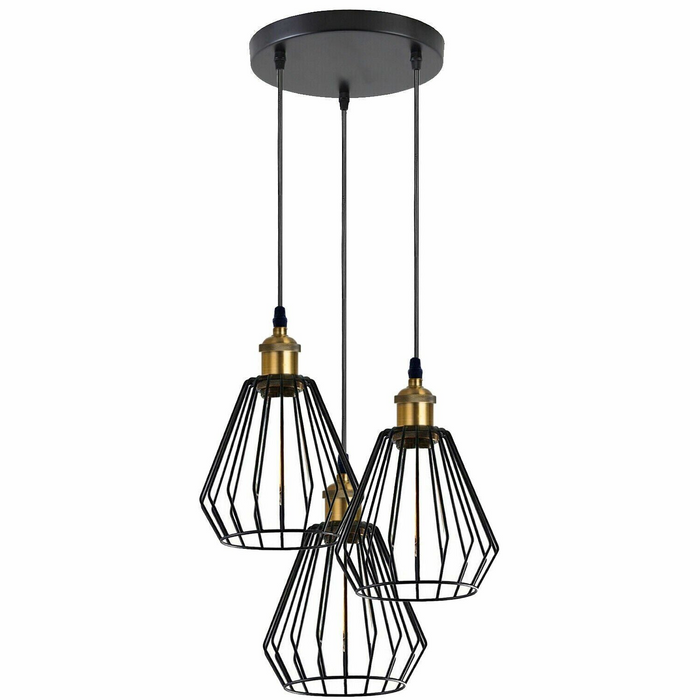 3 Head Pendant Light  Wire Cage Shade, Diamond Cage Black Hanging