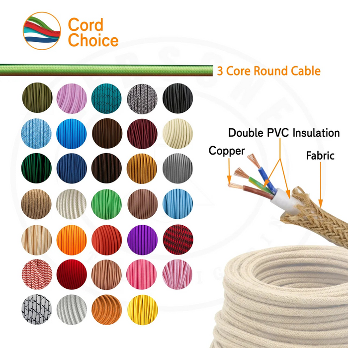 5m 3 core Round Vintage Braided Fabric Cream Colour Cable Flex 0.75mm