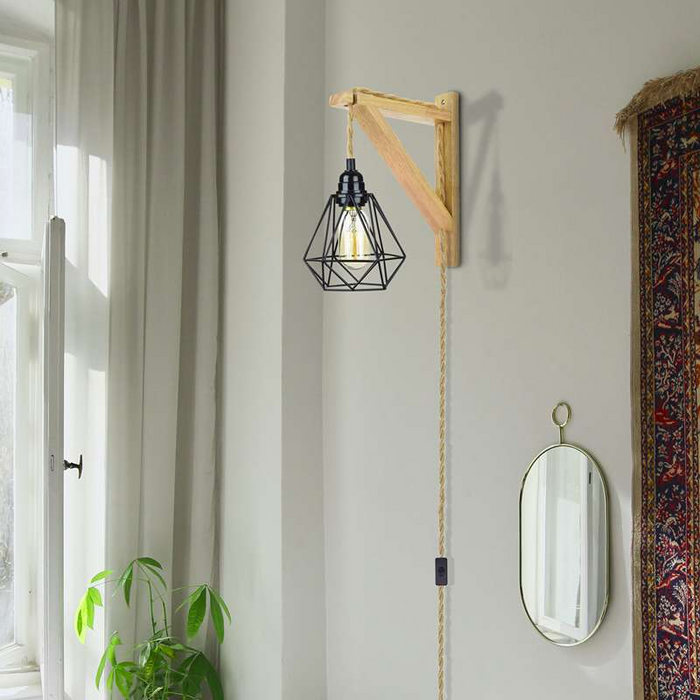 Plug in cord Wood hemp rope wall lamp with diamond shade