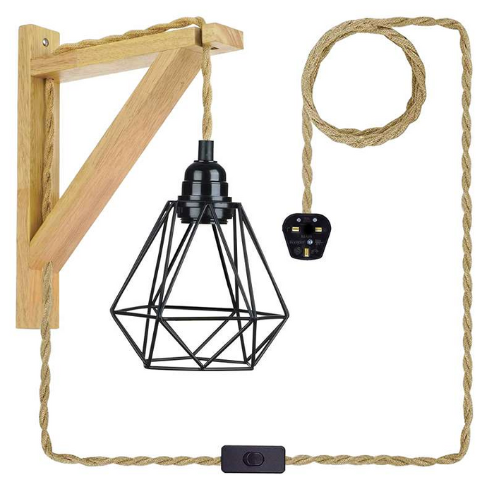 Plug in cord Wood hemp rope wall lamp with diamond shade