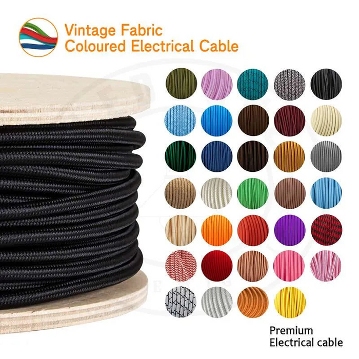 10m 3 core Round Vintage Braided Fabric Teal + Black Cable Flex 0.75mm