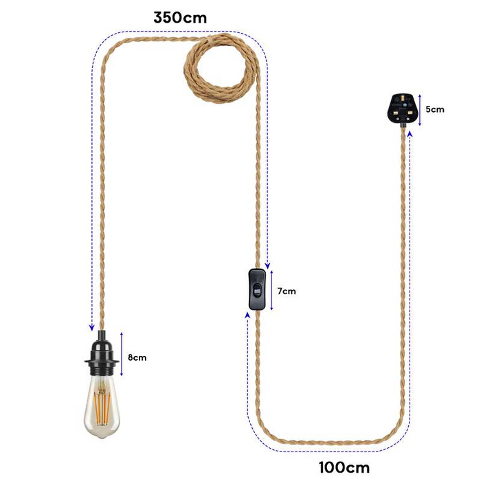 Industrial Hanging Adjustable Hemp Rope ON/OFF Switch UK Plug Pendant Light