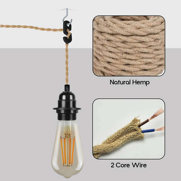 Industrial Hanging Adjustable Hemp Rope ON/OFF Switch UK Plug Pendant Light