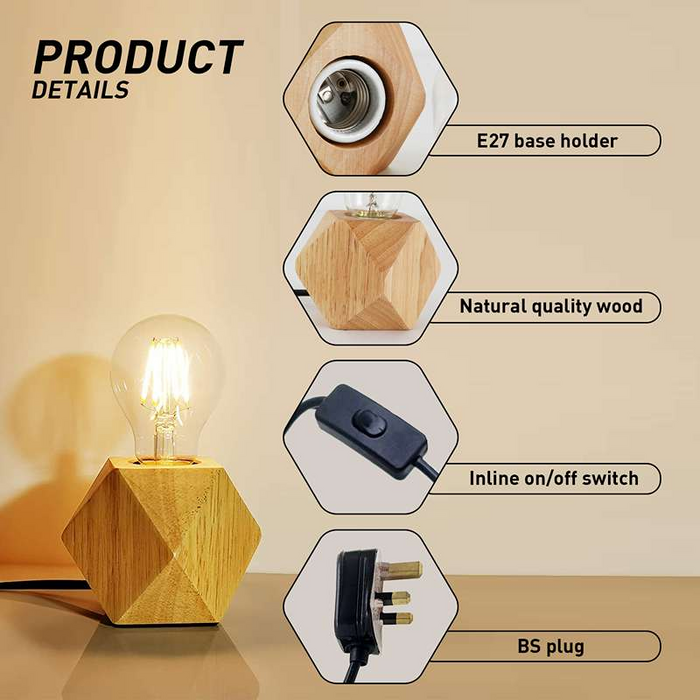 Solid Wood Table Lamp Base E27 220V Wooden 3 Pin Plug In Light with ON/OFF Switch