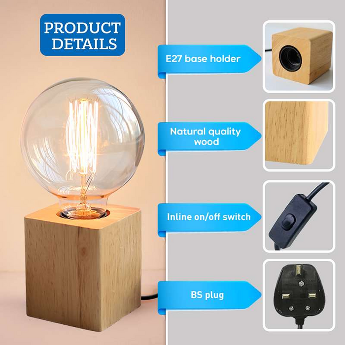 Solid Wood Table Lamp Base E27 220V Wooden 3 Pin Plug In Light with ON/OFF Switch
