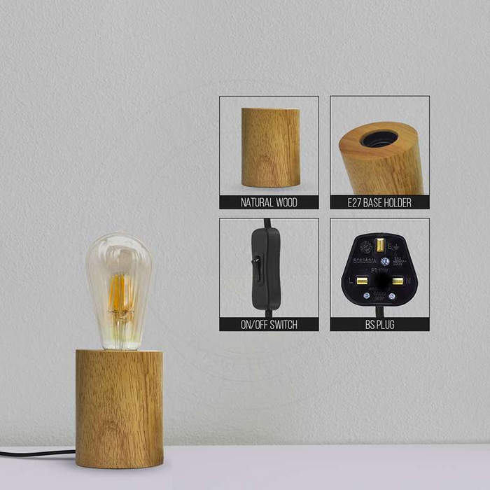 Solid Wood Table Lamp Base E27 220V Wooden 3 Pin Plug In Light with ON/OFF Switch