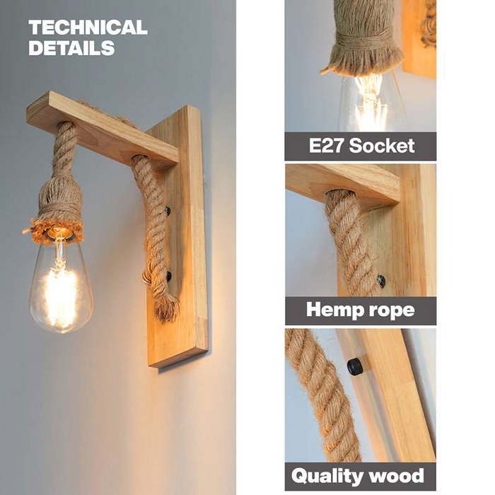 Industriële houten henneptouw E27 wandkandelaar 