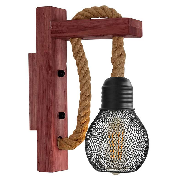 Industrial Wood Hemp Rope Wall Light Metal Cage Scone