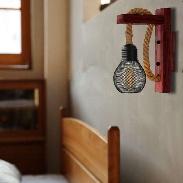 Industriële houten henneptouw wandlamp metalen kooi scone 