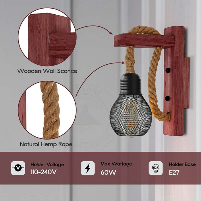 Industriële houten henneptouw wandlamp metalen kooi scone 