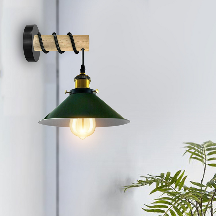 Vintage wandlamp | Tara | Houten basis | Metalen kegel | Zwart