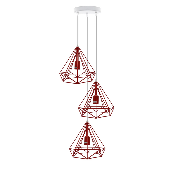3 Head Red Rectangle-E27 Ceiling Hanging Cage Shade Loft Metal Pendant Lamp