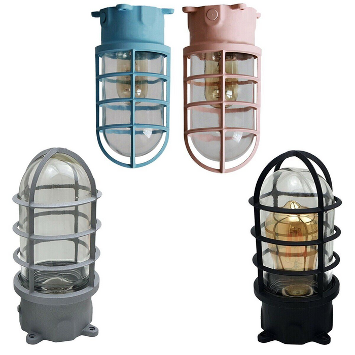 Black Industrial Wall Ceiling Cage Light Bulkhead Metal Marine Glass