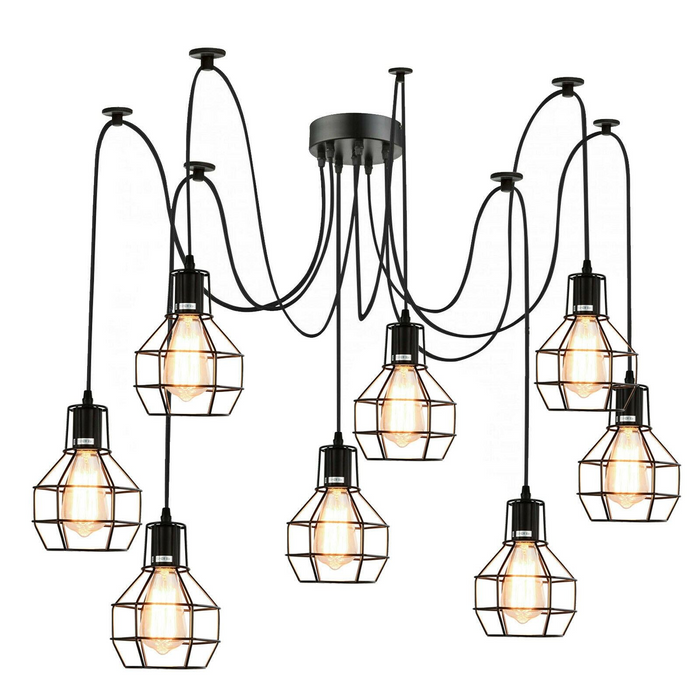 Retro Industrial Black Metal Nest Cage Ceiling 8 way Pendant Hanging Light Chandelier Indoor Lighting For Bar, Bedroom, Dining Room, Living Room