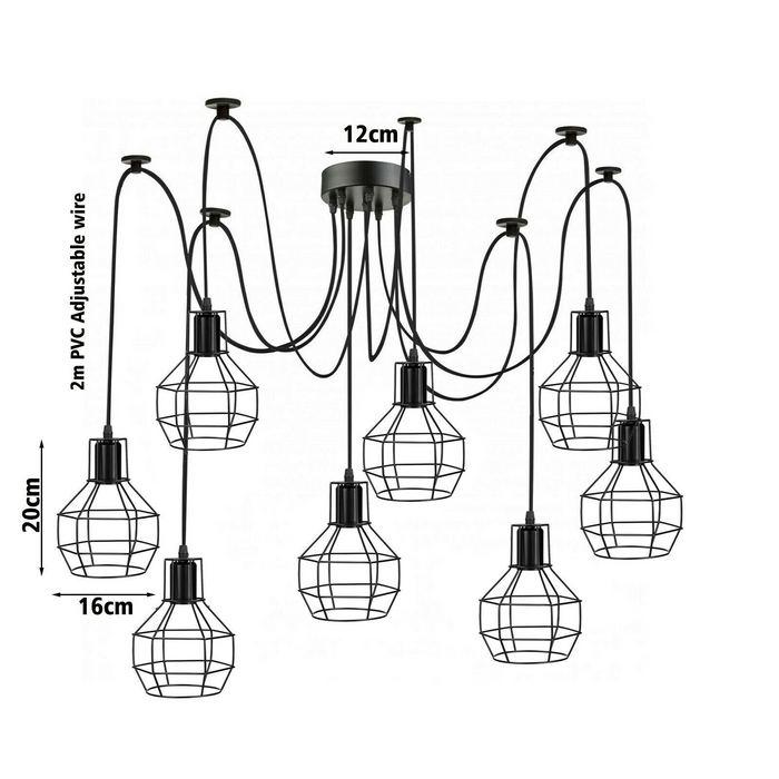 Retro Industrial Black Metal Nest Cage Ceiling 8 way Pendant Hanging Light Chandelier Indoor Lighting For Bar, Bedroom, Dining Room, Living Room