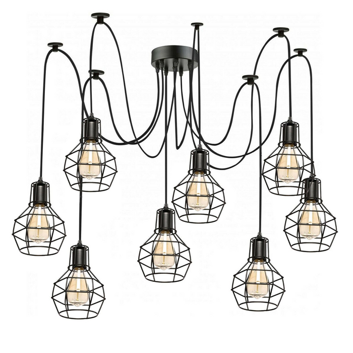 Retro Industrial Black Metal Nest Cage Ceiling 8 way Pendant Hanging Light Chandelier Indoor Lighting For Bar, Bedroom, Dining Room, Living Room