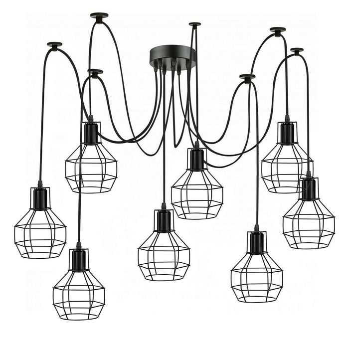 Retro Industrial Black Metal Nest Cage Ceiling 8 way Pendant Hanging Light Chandelier Indoor Lighting For Bar, Bedroom, Dining Room, Living Room