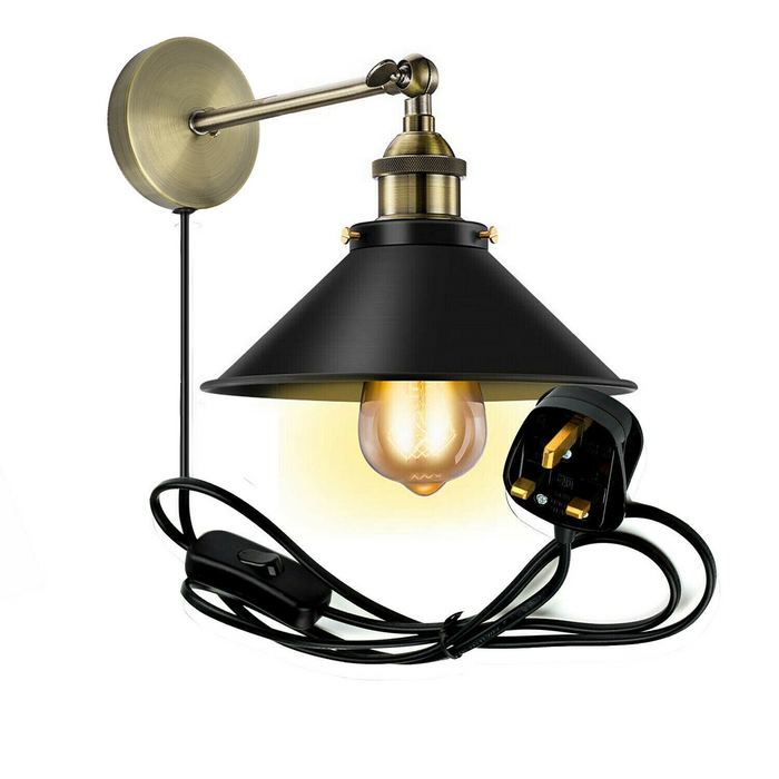 Vintage Retro Modern Plug In Wall Light Fitting Black Sconce with FREE Bulb Lamp shade fitting Shade Wall Light UK