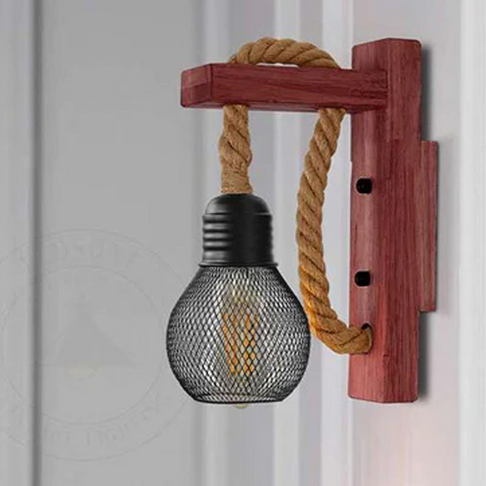 Industriële houten henneptouw wandlamp metalen kooi scone 